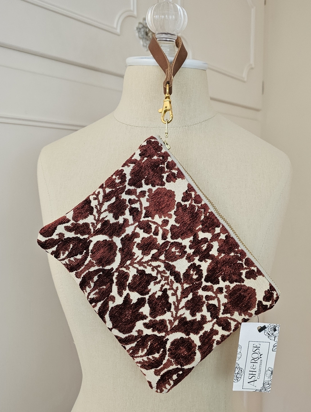 Floral Zip Pouch Purse Makeup Travel Clutch Wristlet in Burgundy and Cream
